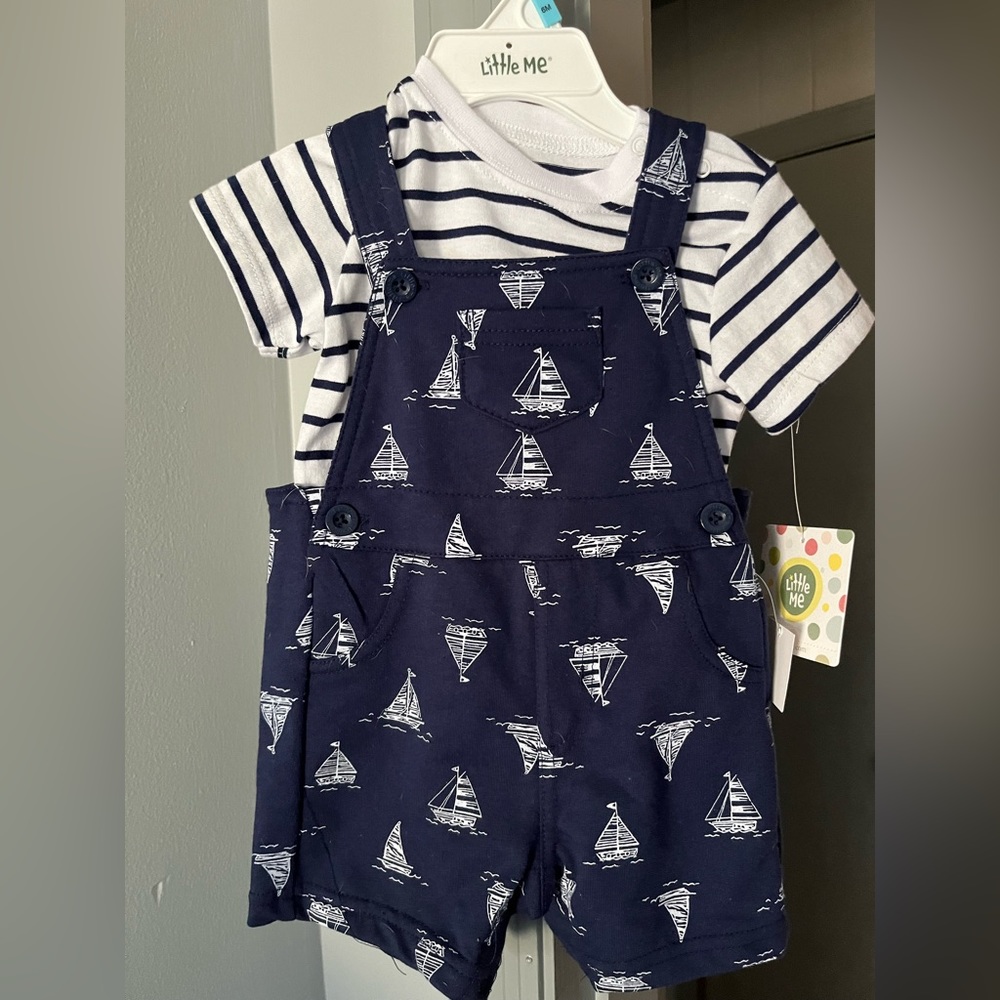 NWT Little Me sailboats stripes soft knit overalls and shirt set 6 months 6 mos